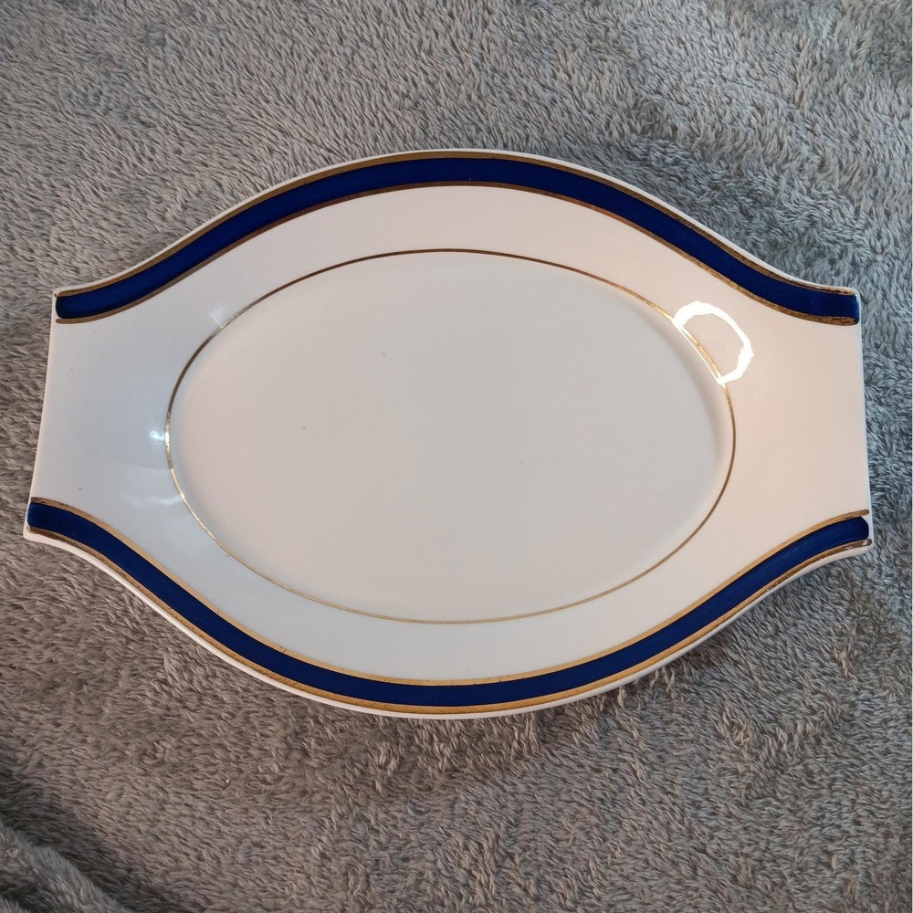 Paul McCobb Jackson China Oval Restaurant Style Plate White w/ Blue & Gold Trim